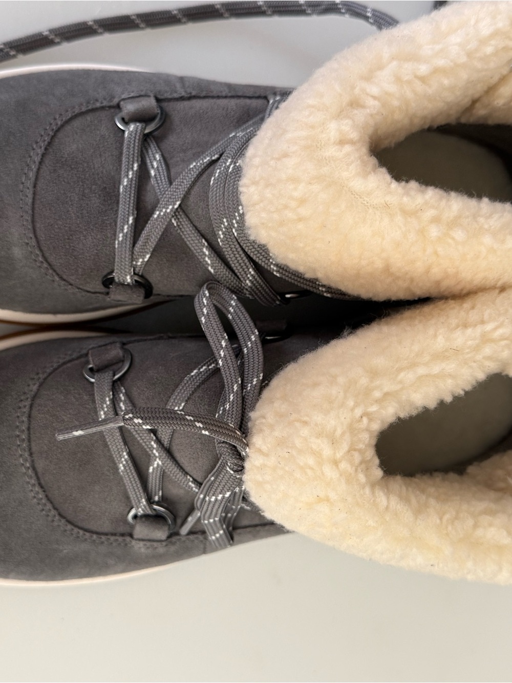 UGG Gray Suede Lace-Up Winter Boots with Cream Shearling Collar
